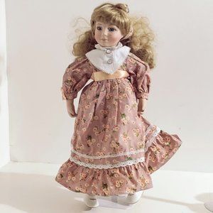 Vintage Porcelain Doll in Flowered Dress with laces